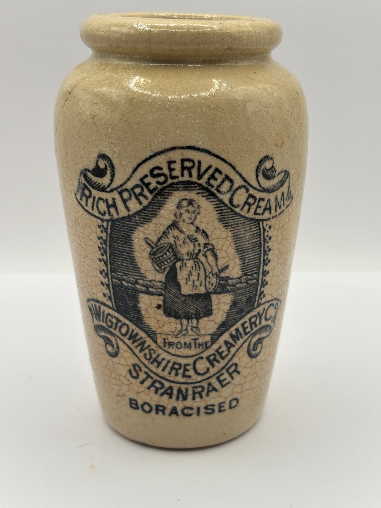 Old advertising cream pot, Rich preserved cream, Stranraer. Stained & crazed