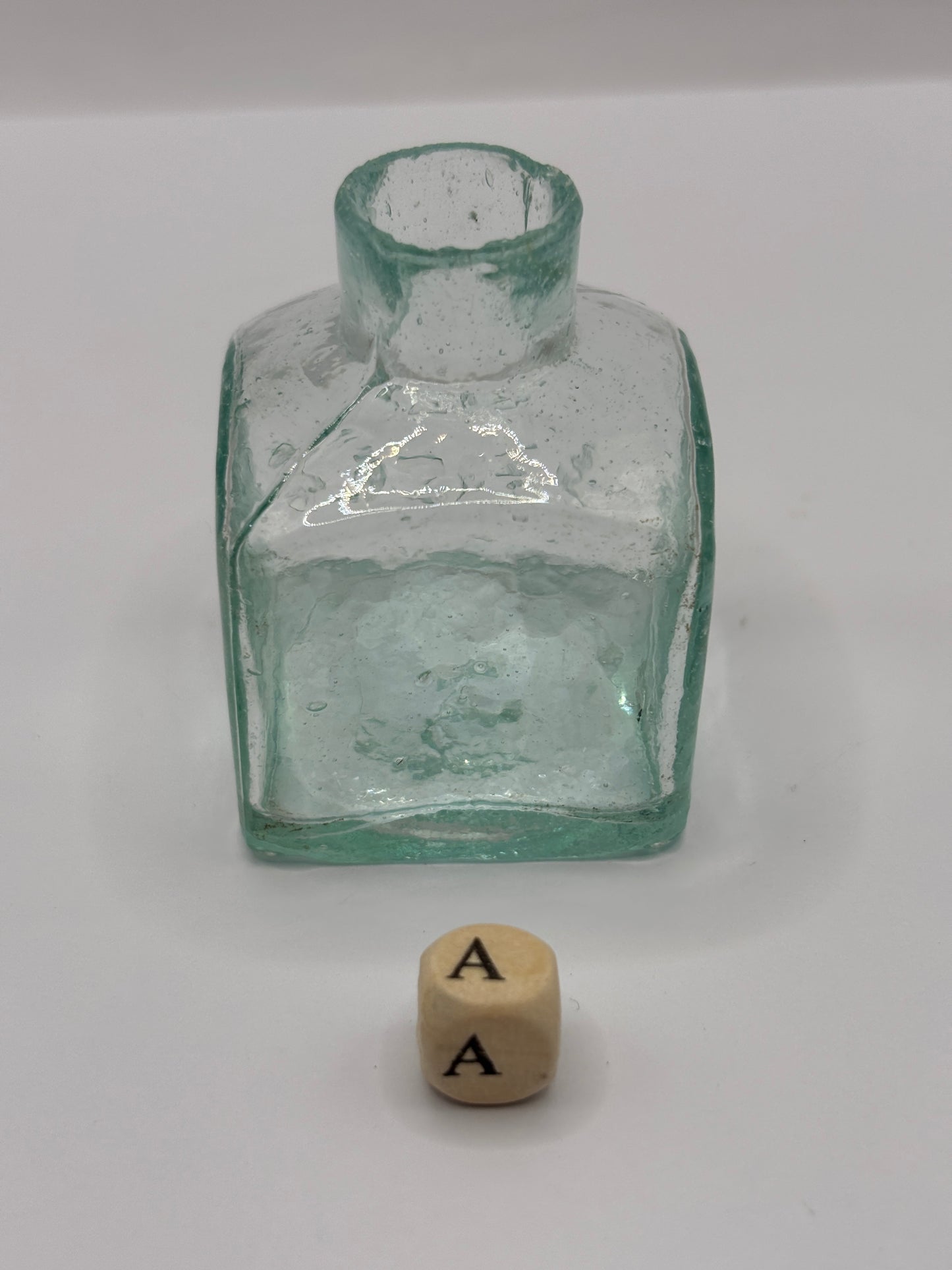 5 old aqua glass inks, inkwells, ink bottles, penny ink (G)