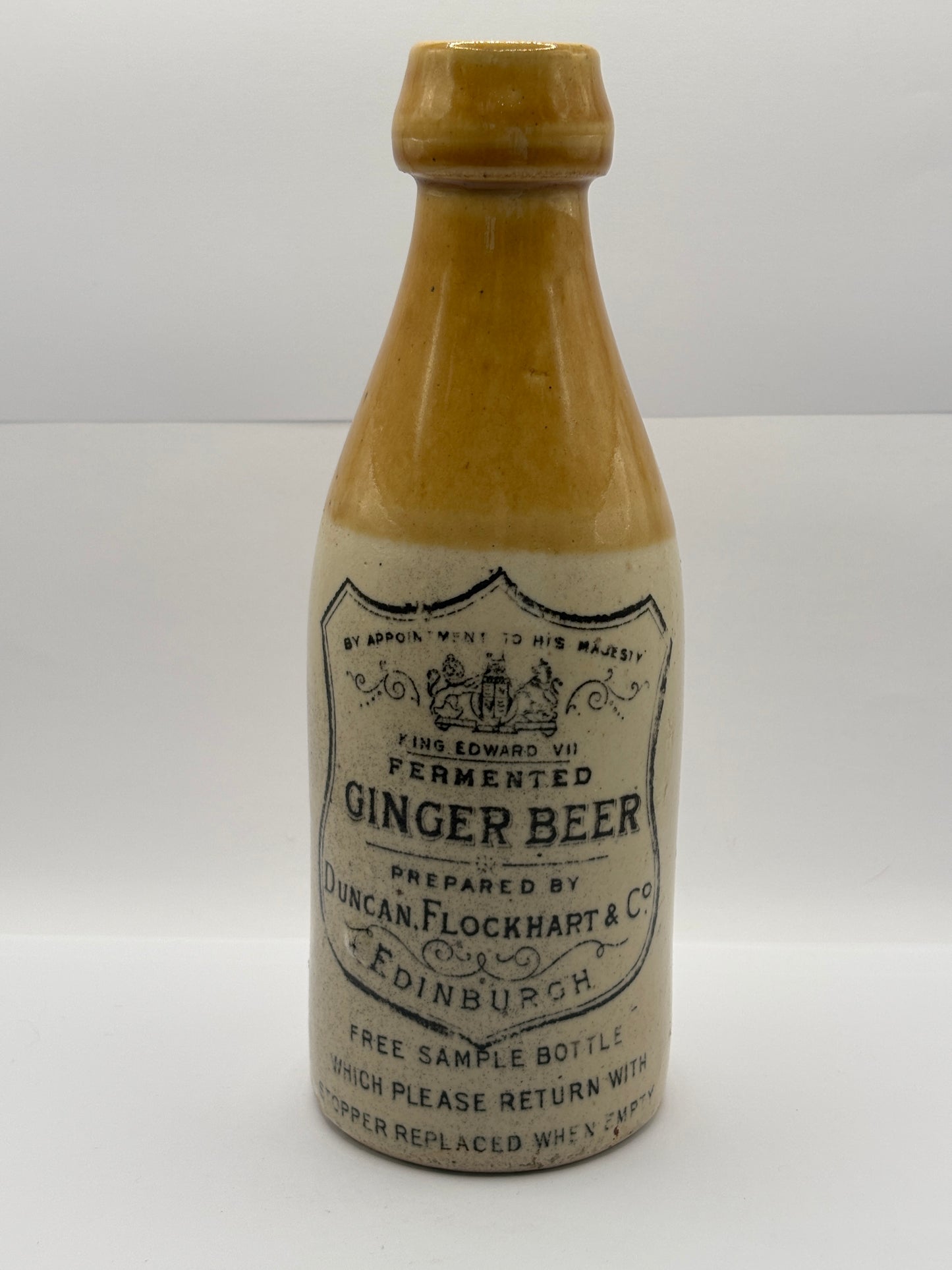 Old stoneware ginger beer bottle, Fermented ginger beer. Duncan Flockhart & Co. Edinburgh