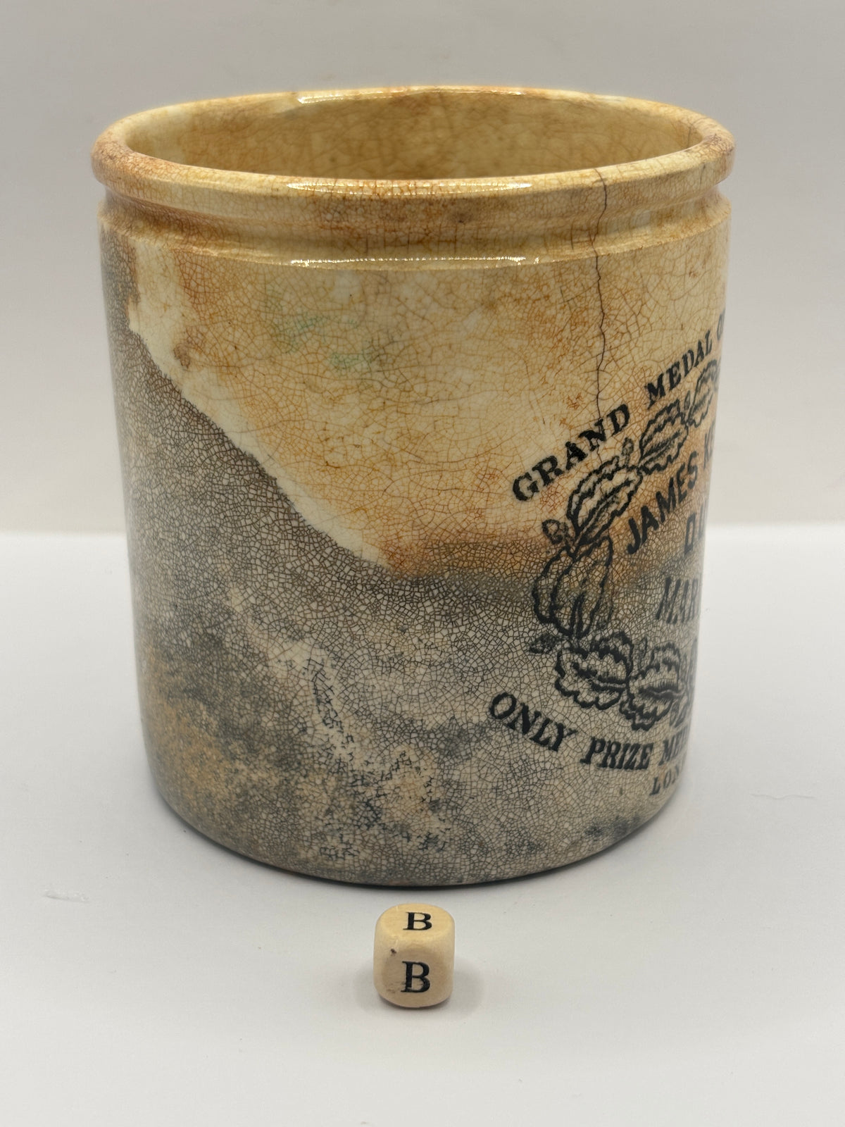 Old 1lb stoneware marmalade pot, James Keiller Dundee marmalade (B) hairlines