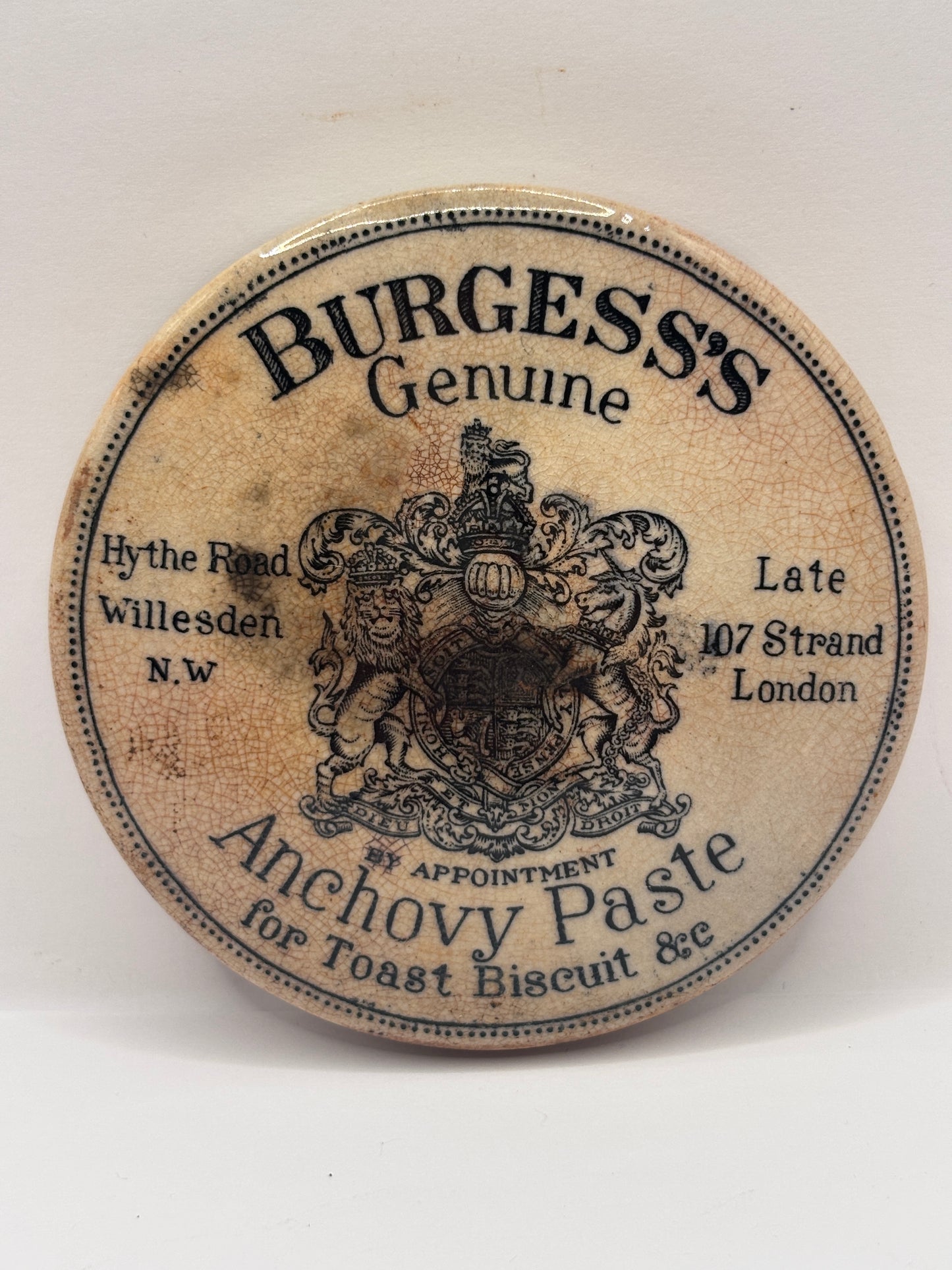 Old advertising lid. Burgess anchovy paste