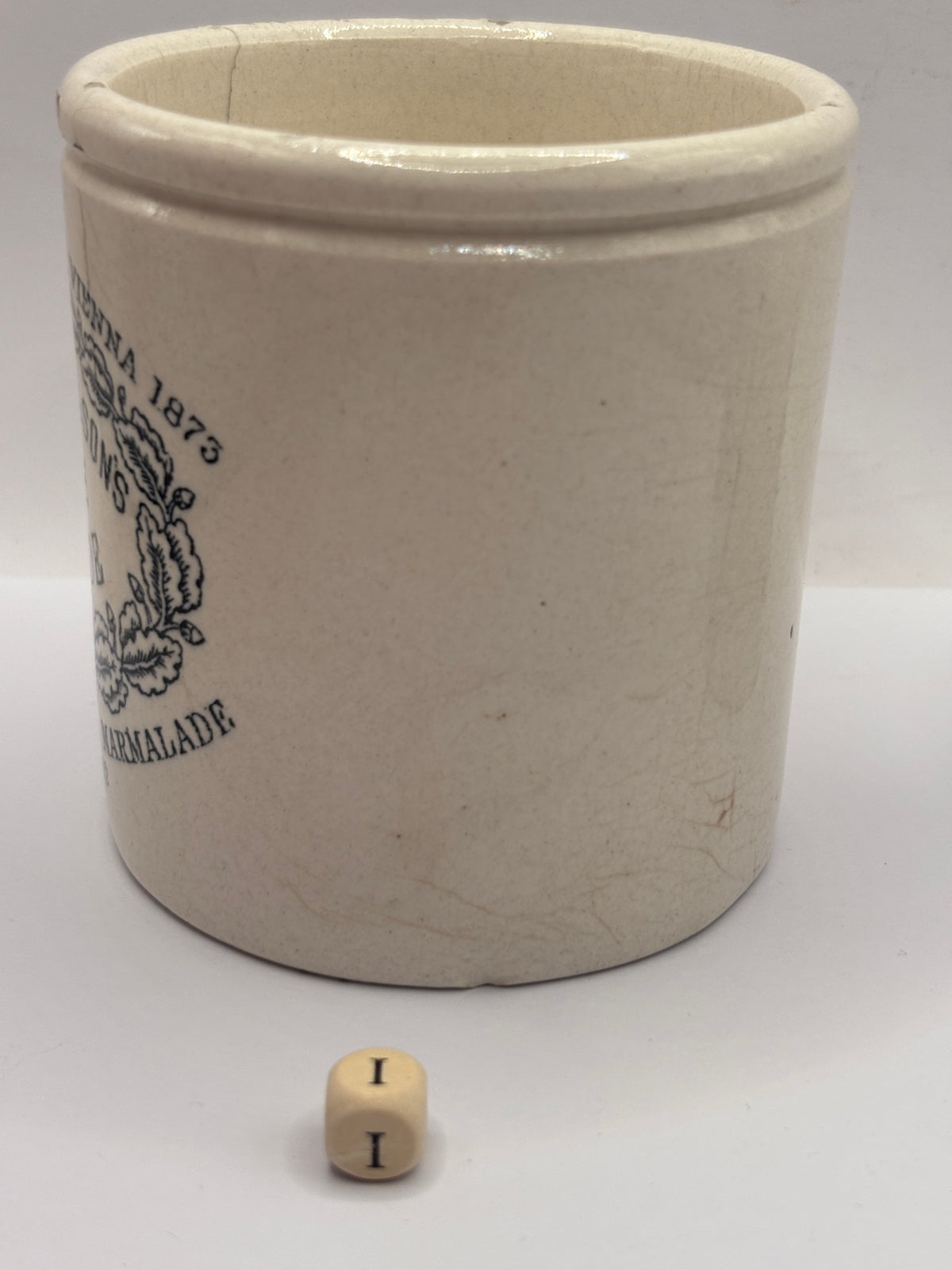 Old 1lb stoneware marmalade pot, James Keiller Dundee marmalade (i)