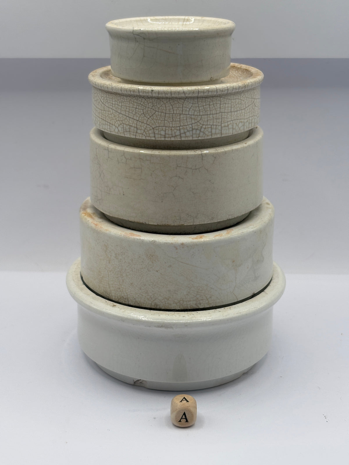 5 old stoneware pot lid bases, stackers (a)