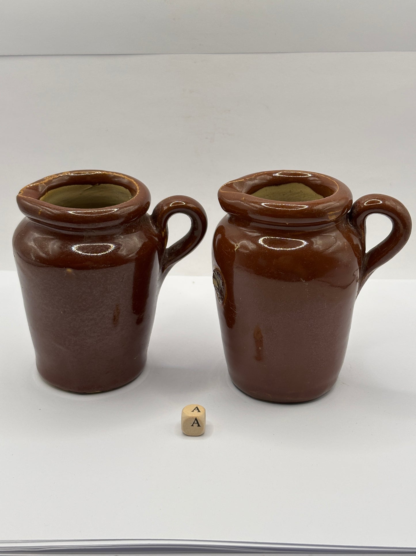 2 old small brown stoneware cream pots (a)