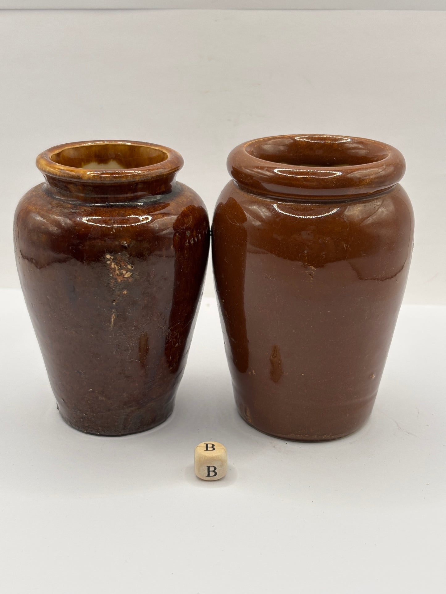 2 old small brown stoneware cream pots (B)