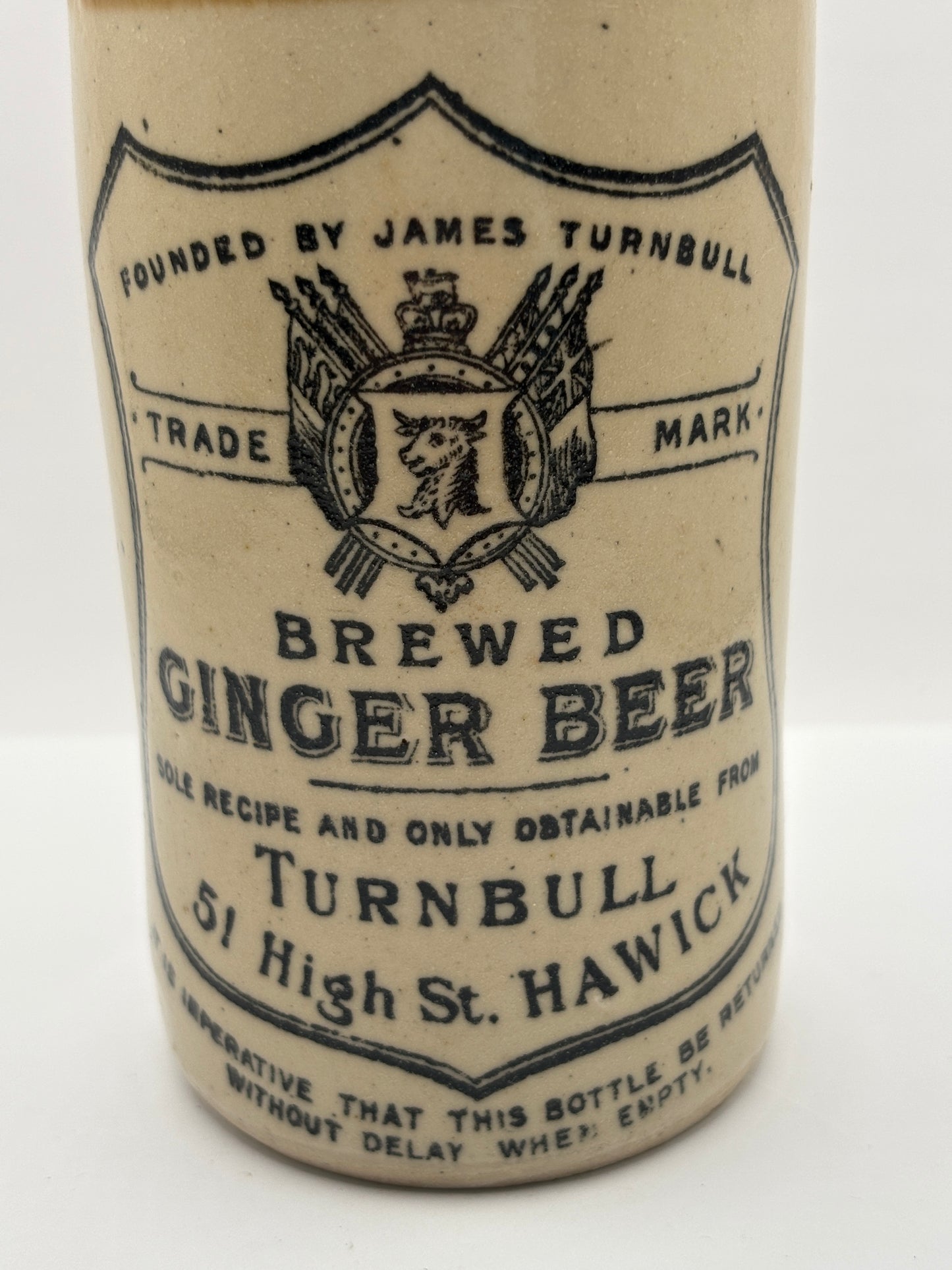 Old stoneware ginger beer bottle, Brewed ginger beer. Turnbull. Harwick
