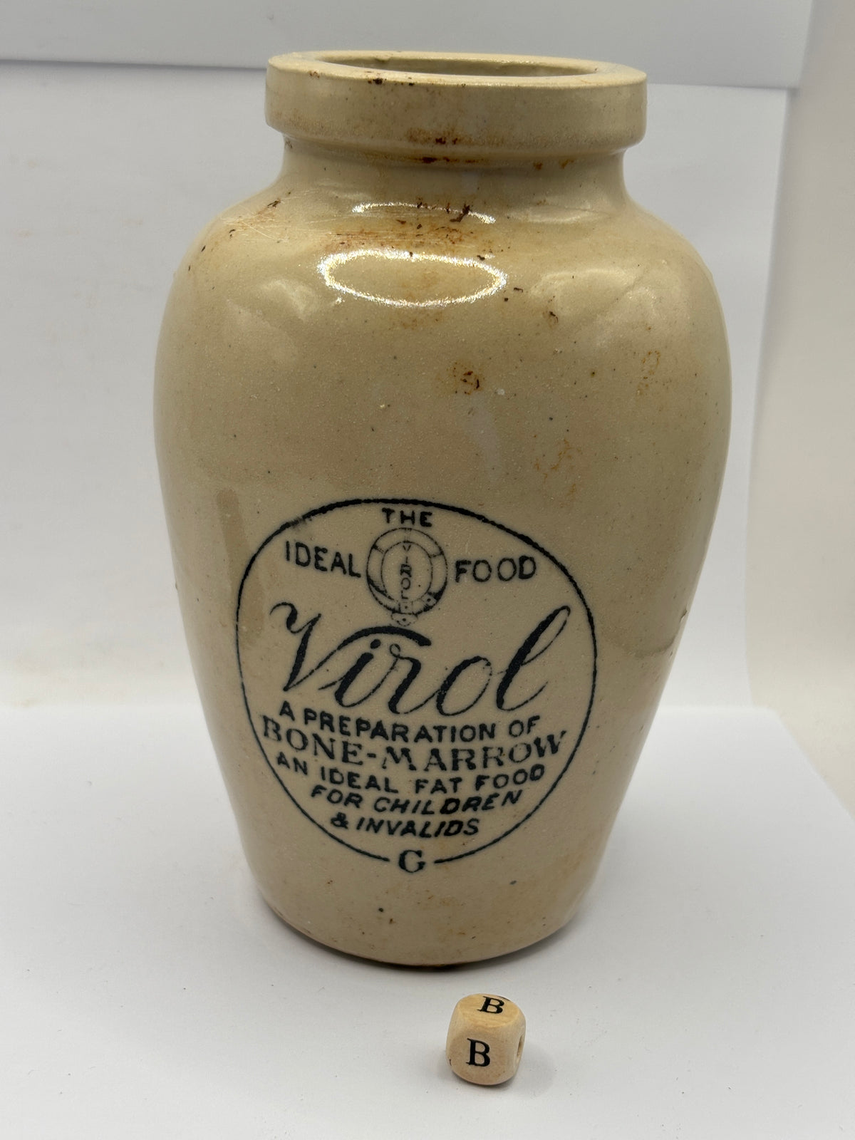 Old advertising stoneware Virol pot, 13.5cms (B)