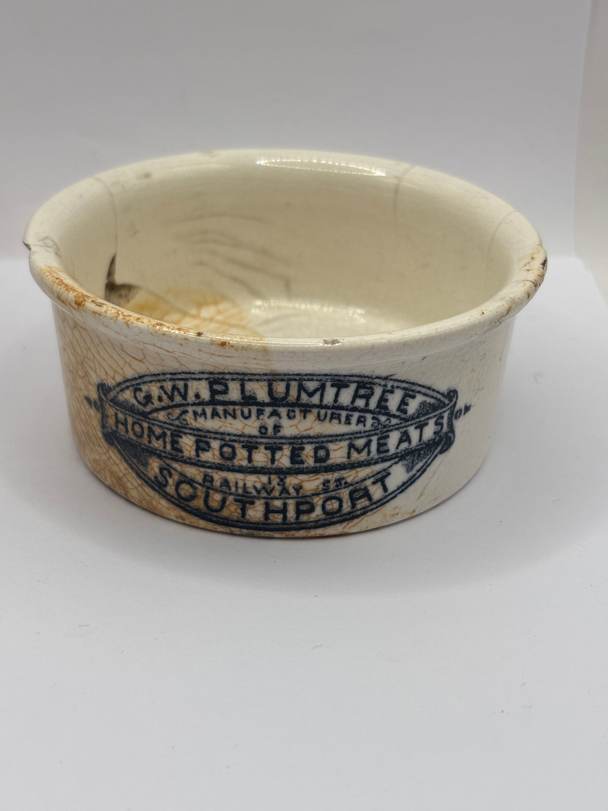 Old advertising meat paste pot, Plumtree home potted meats. Damaged
