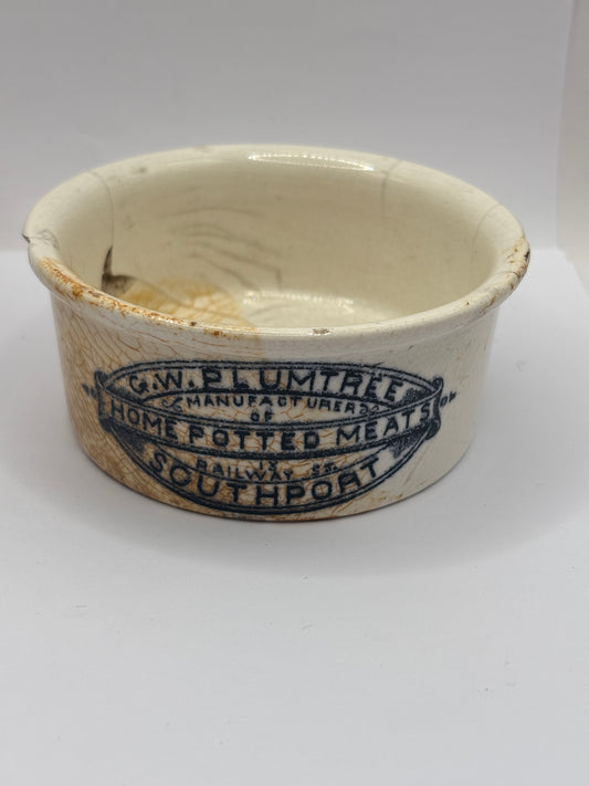 Old advertising meat paste pot, Plumtree home potted meats. Damaged