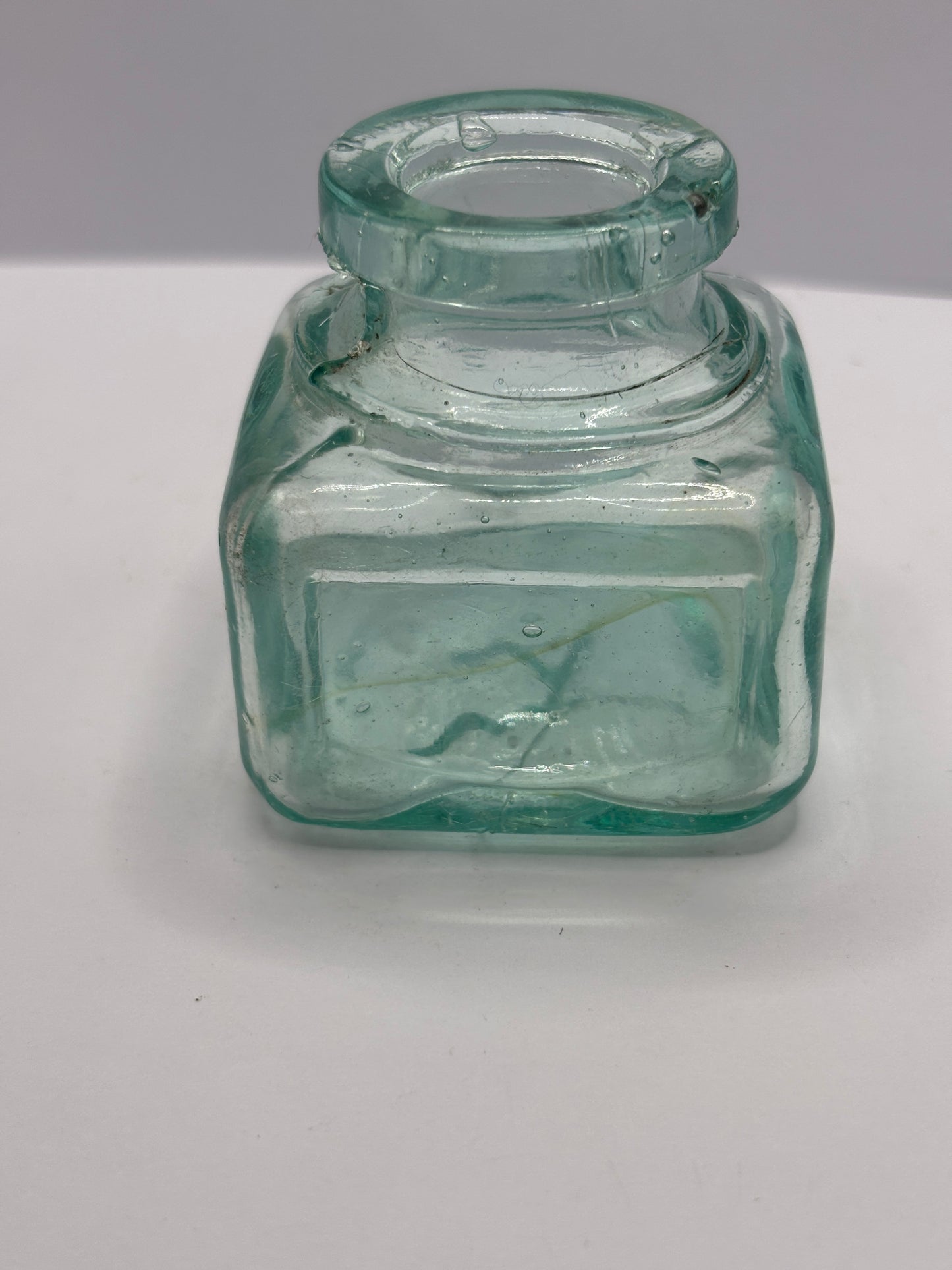 Old aqua glass ink bottle, inkwell. fields ink & gum