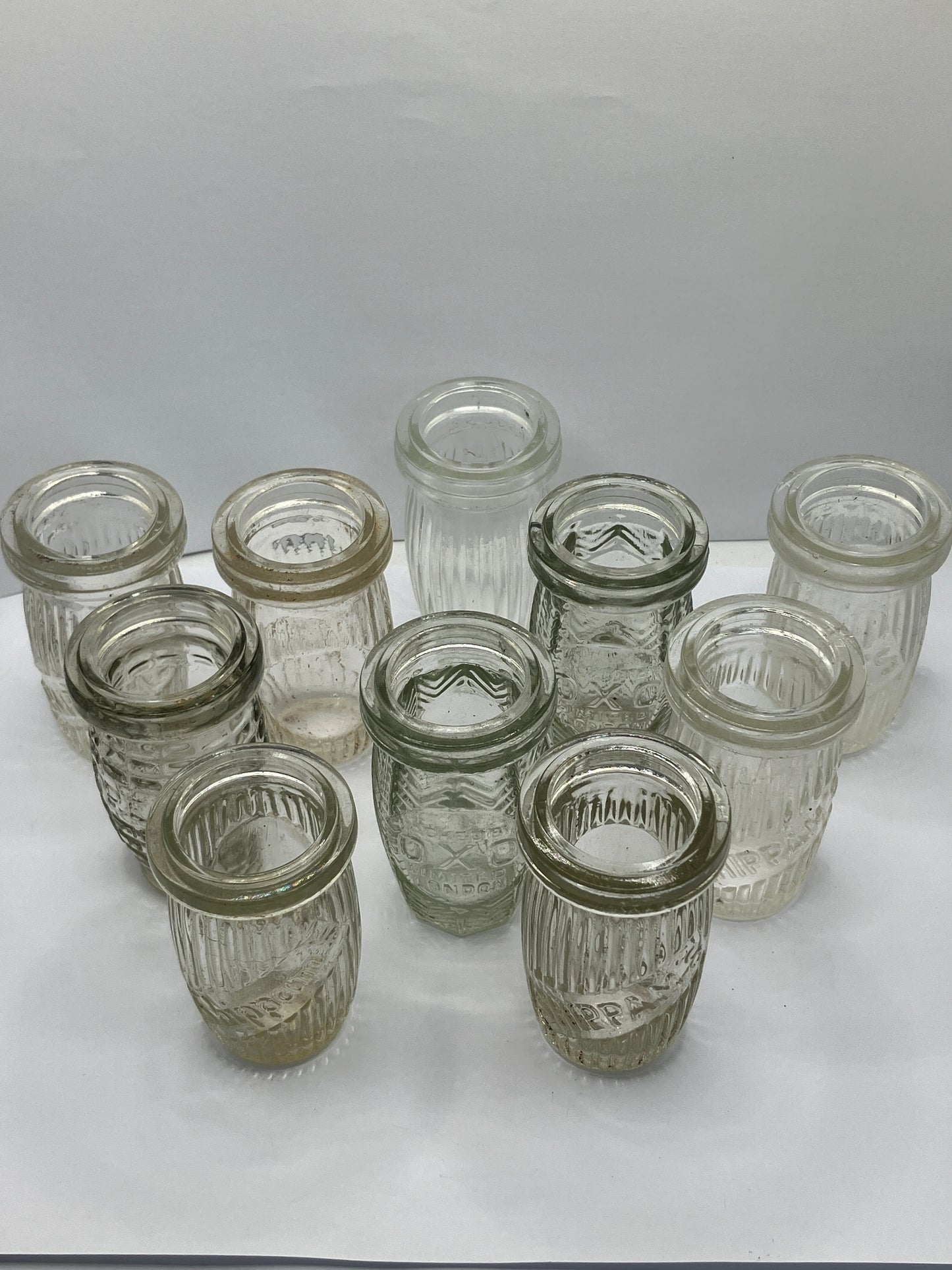 10 clear glass meat paste pots, ideal bud vase