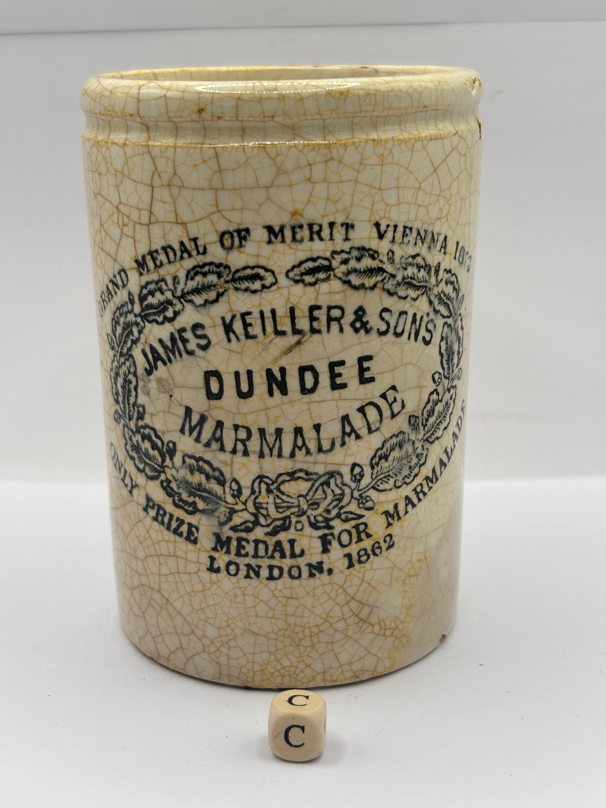 Old 1lb stoneware marmalade pot, James Keiller Dundee marmalade (c)
