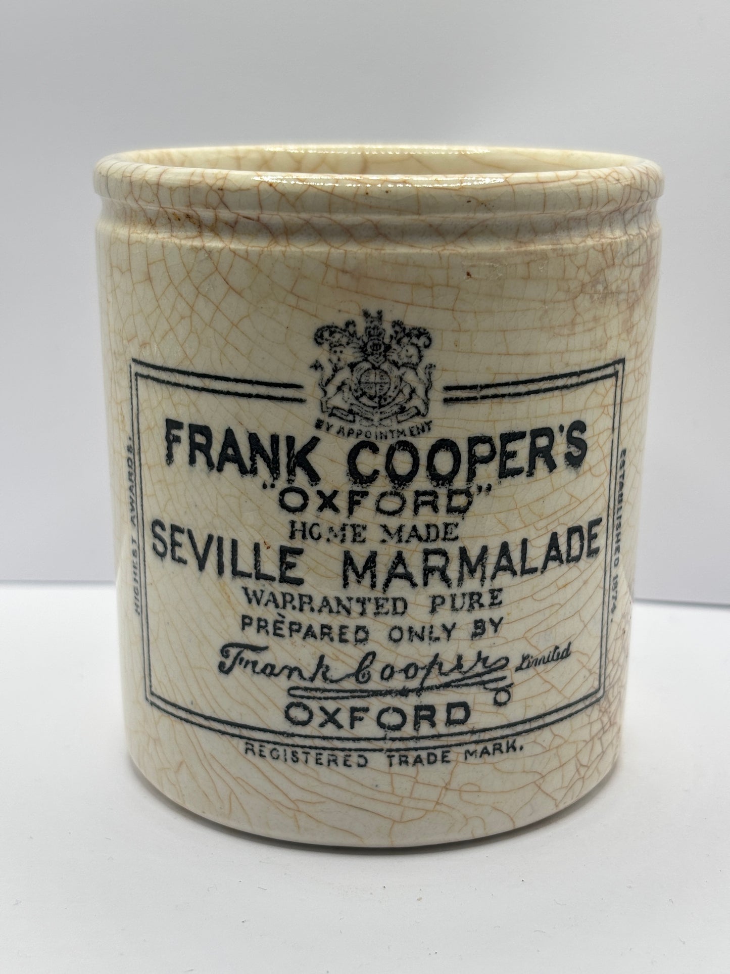 Old 1lb frank cooper marmalade jar, stained & crazed