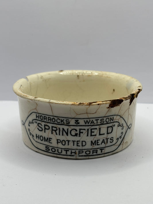 Springfield potted meats advertising pot. Damaged