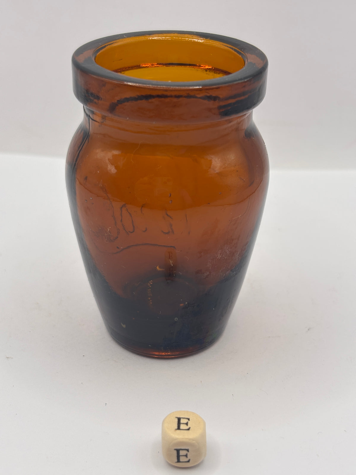 Old amber glass Virol jar (e) 8cms