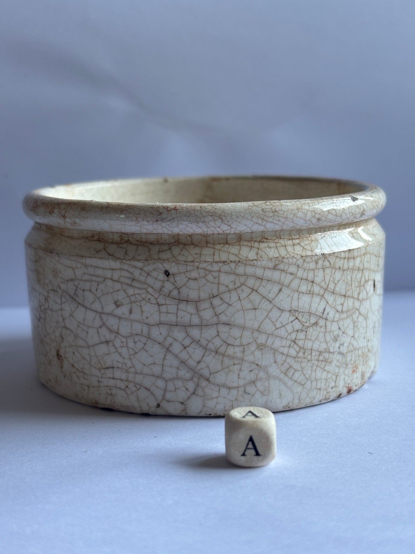 Old large stained & crazed stoneware paste pot, Needhams polishing paste (a)