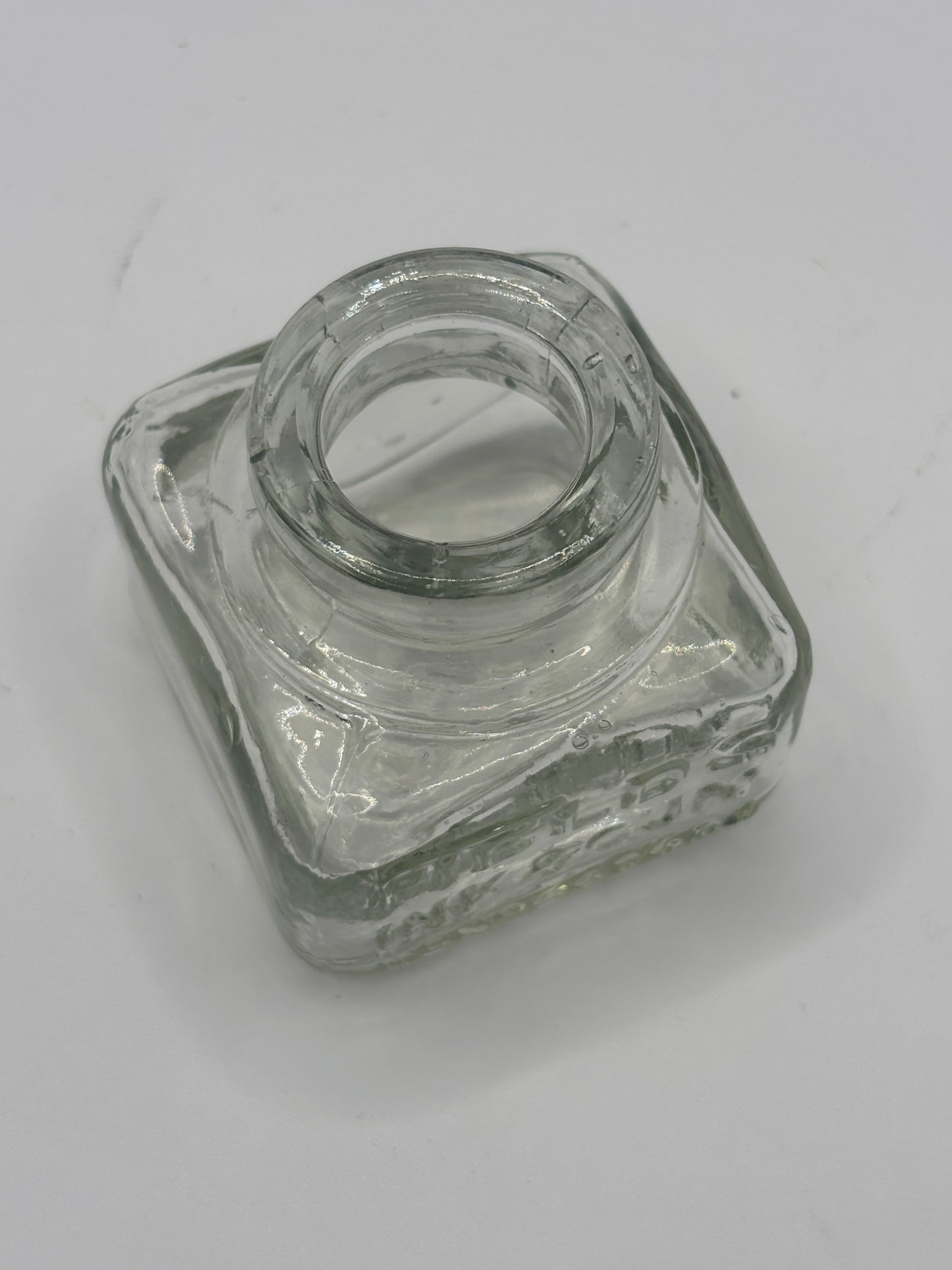 Old clear glass advertising inkwell, ink bottle. Fields ink