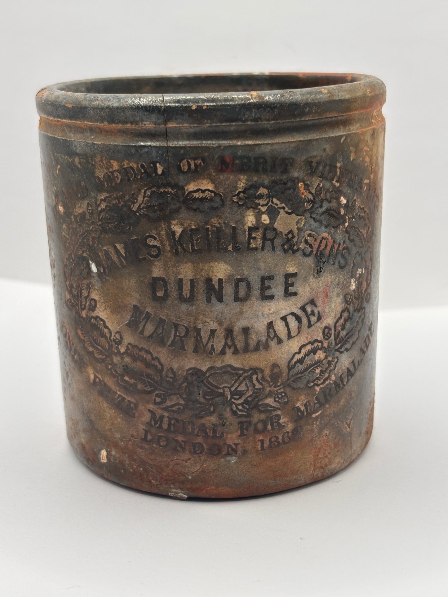 Old 1lb James Keiller Dundee marmalade Jar. Super burnt & crusty