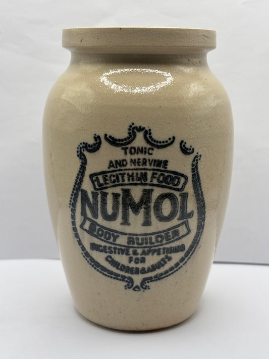 Old numol body builder advertising jar, 13cms