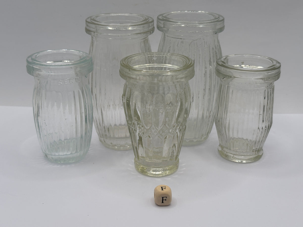 5 old clear glass meat paste jars (F)