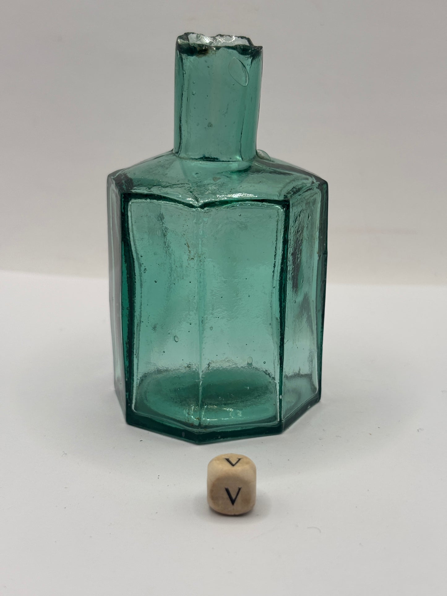 Old large dark aqua glass inkwell, ink bottle (V)