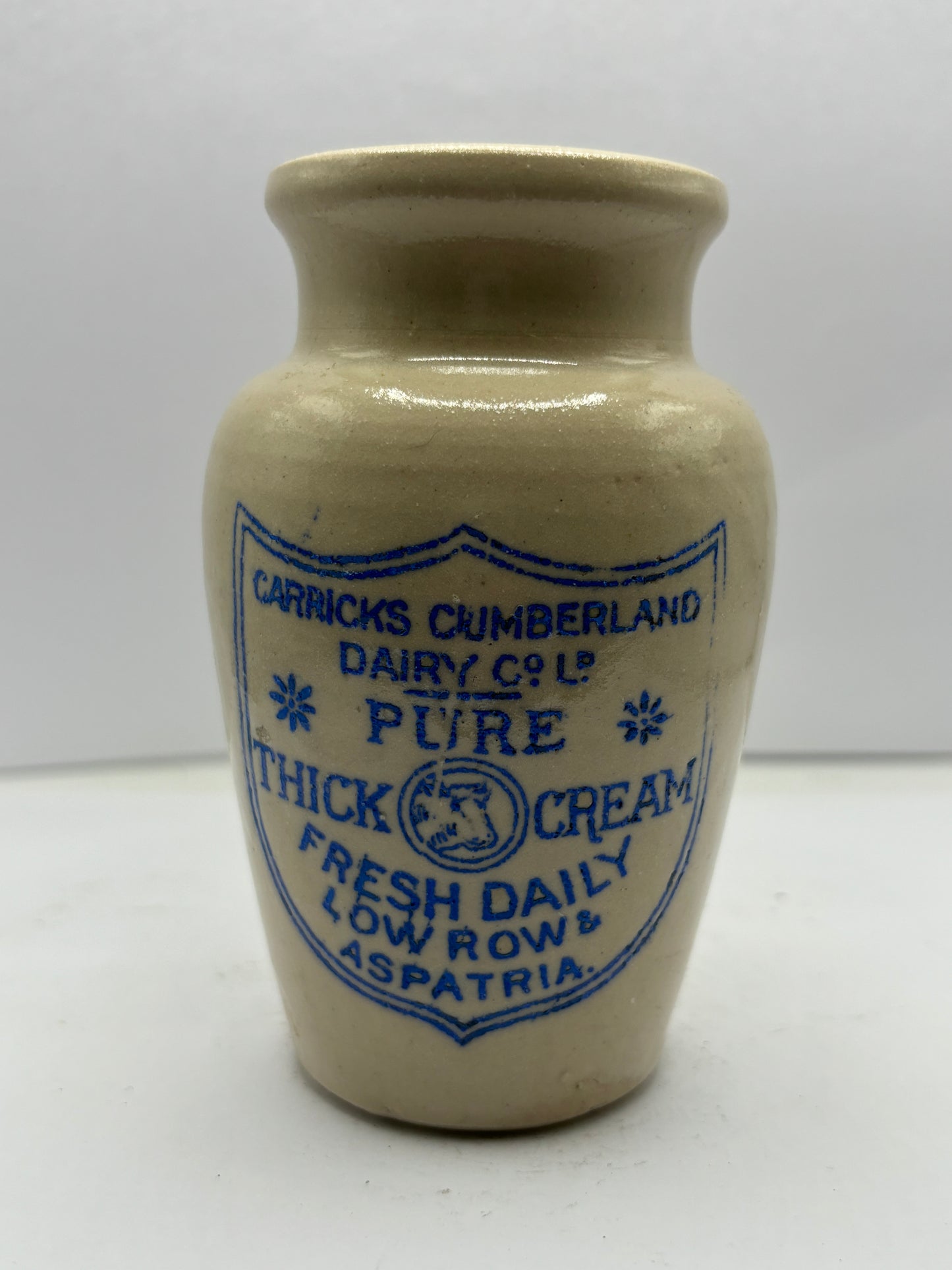 Carricks advertising cream pot, pure thick cream. Blue print