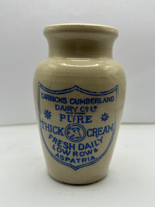 Carricks advertising cream pot, pure thick cream. Blue print