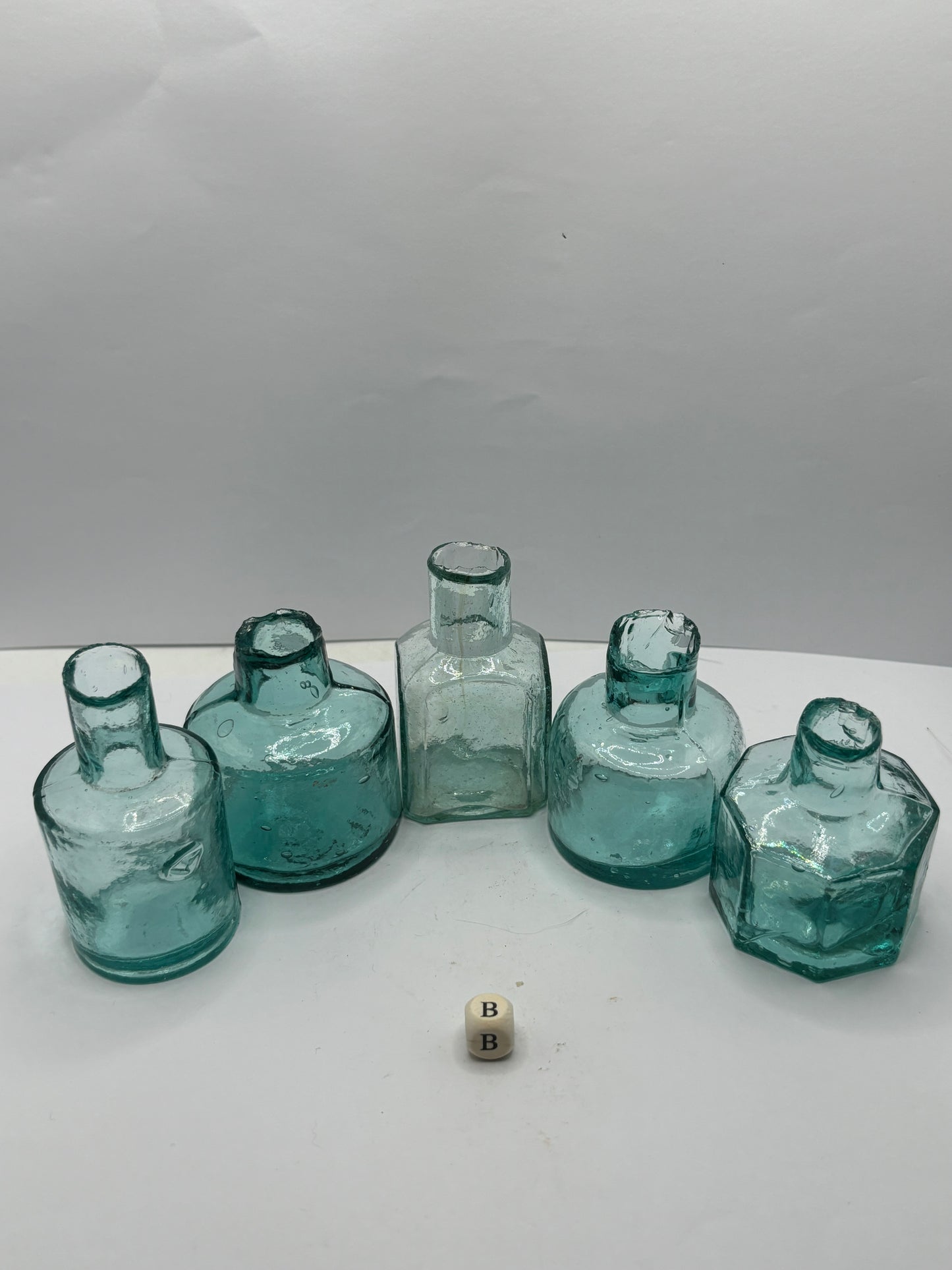 5 aqua glass inkwells (B)