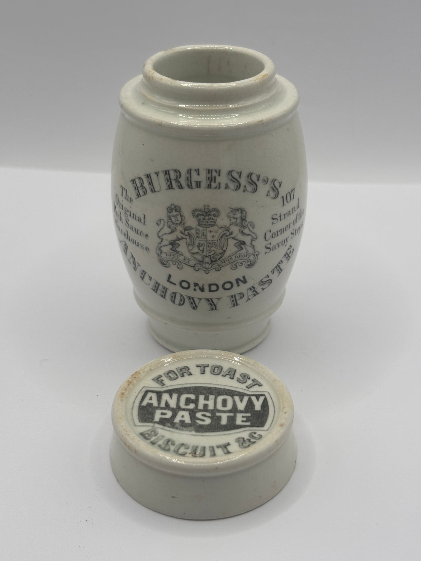 Old advertising jar and lid. Burgess anchovy paste for toast and biscuits