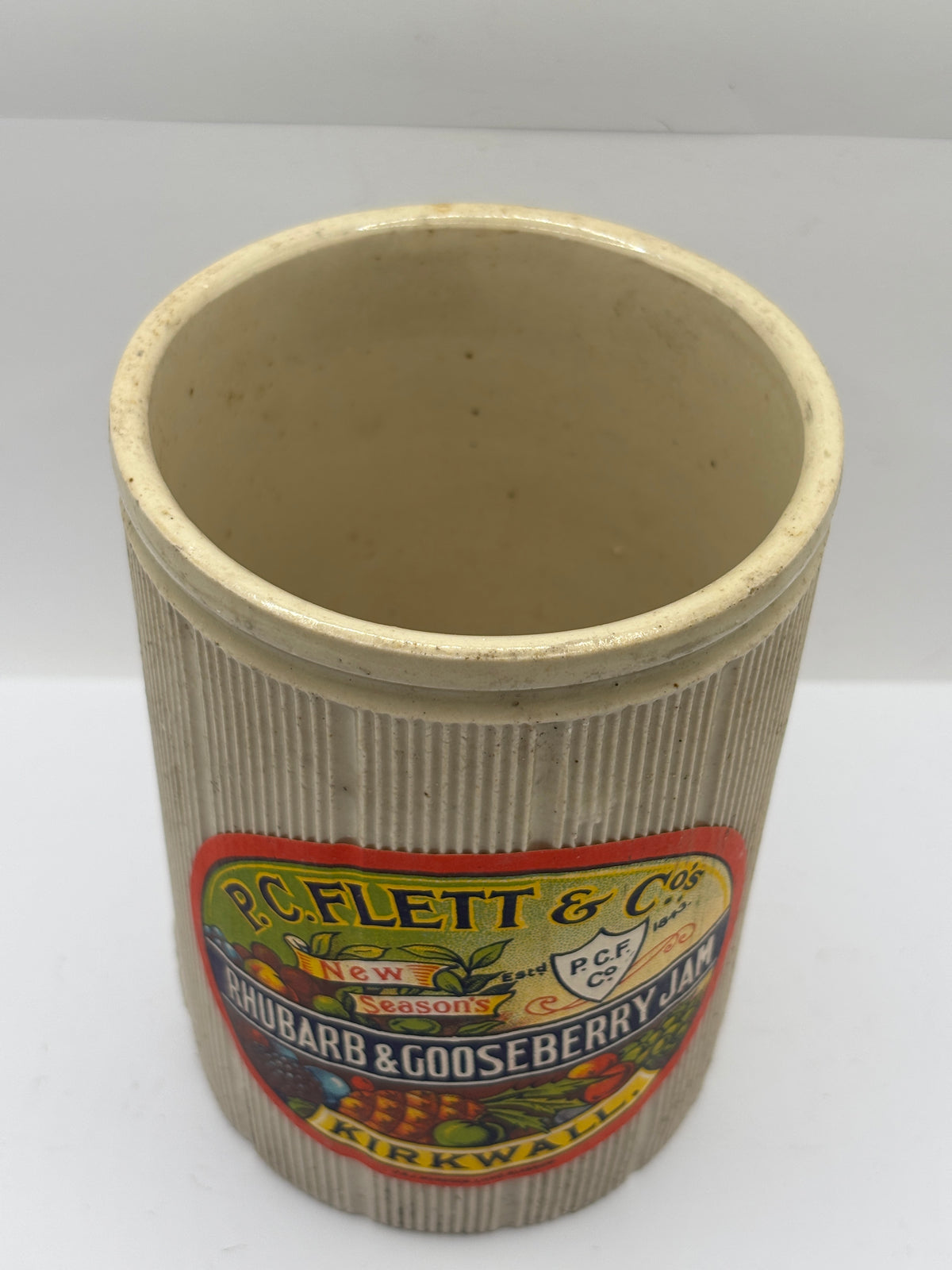 Old 2lb ribbed stoneware jam pot with added label