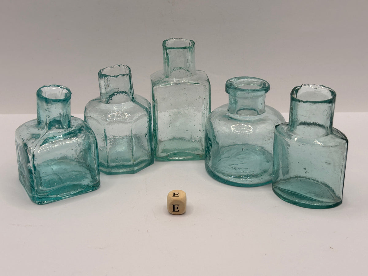 5 old aqua glass inks, inkwells, ink bottles, penny ink (E)