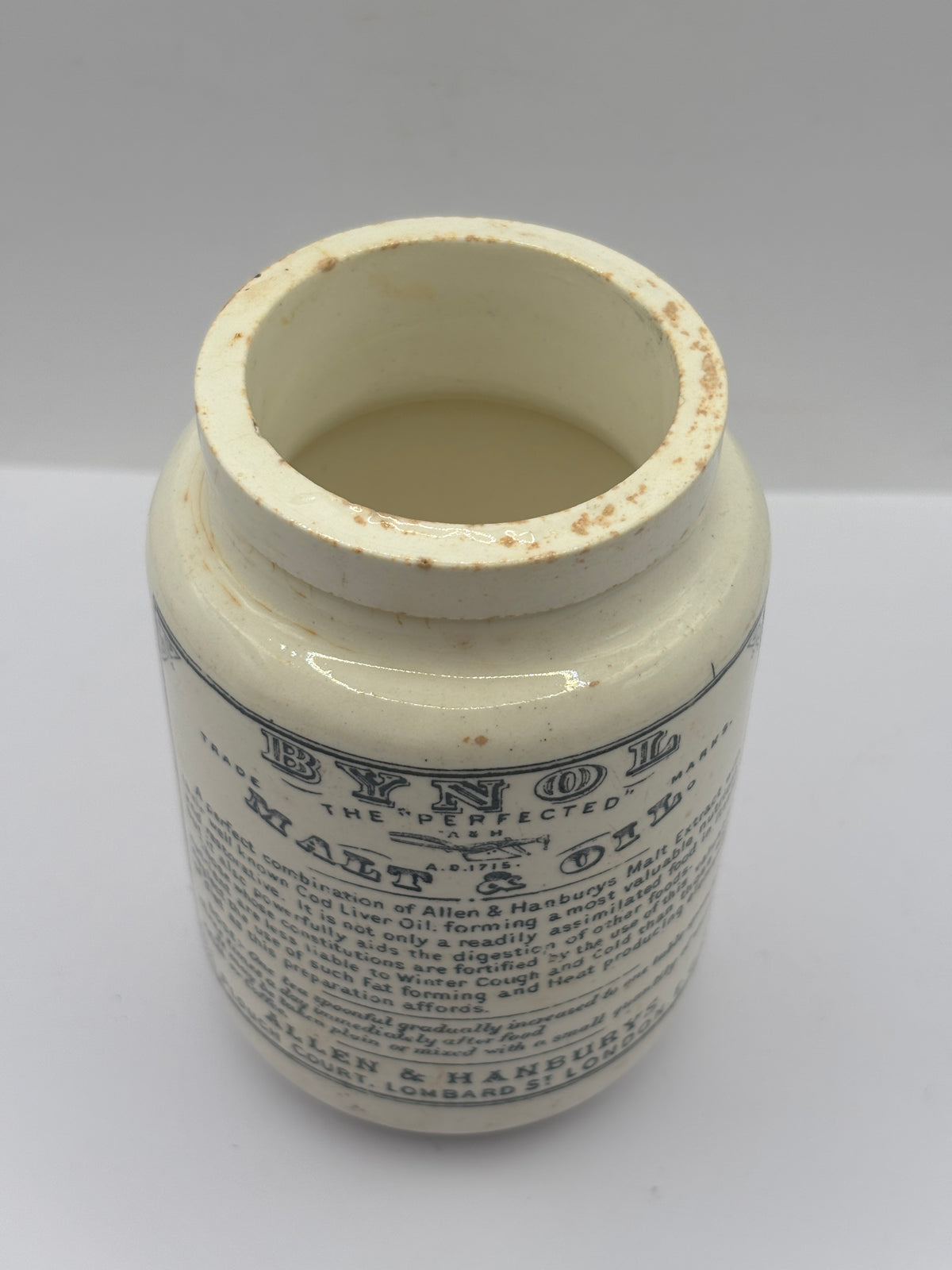 Old advertising jar, Bynol the perfected malt & oil