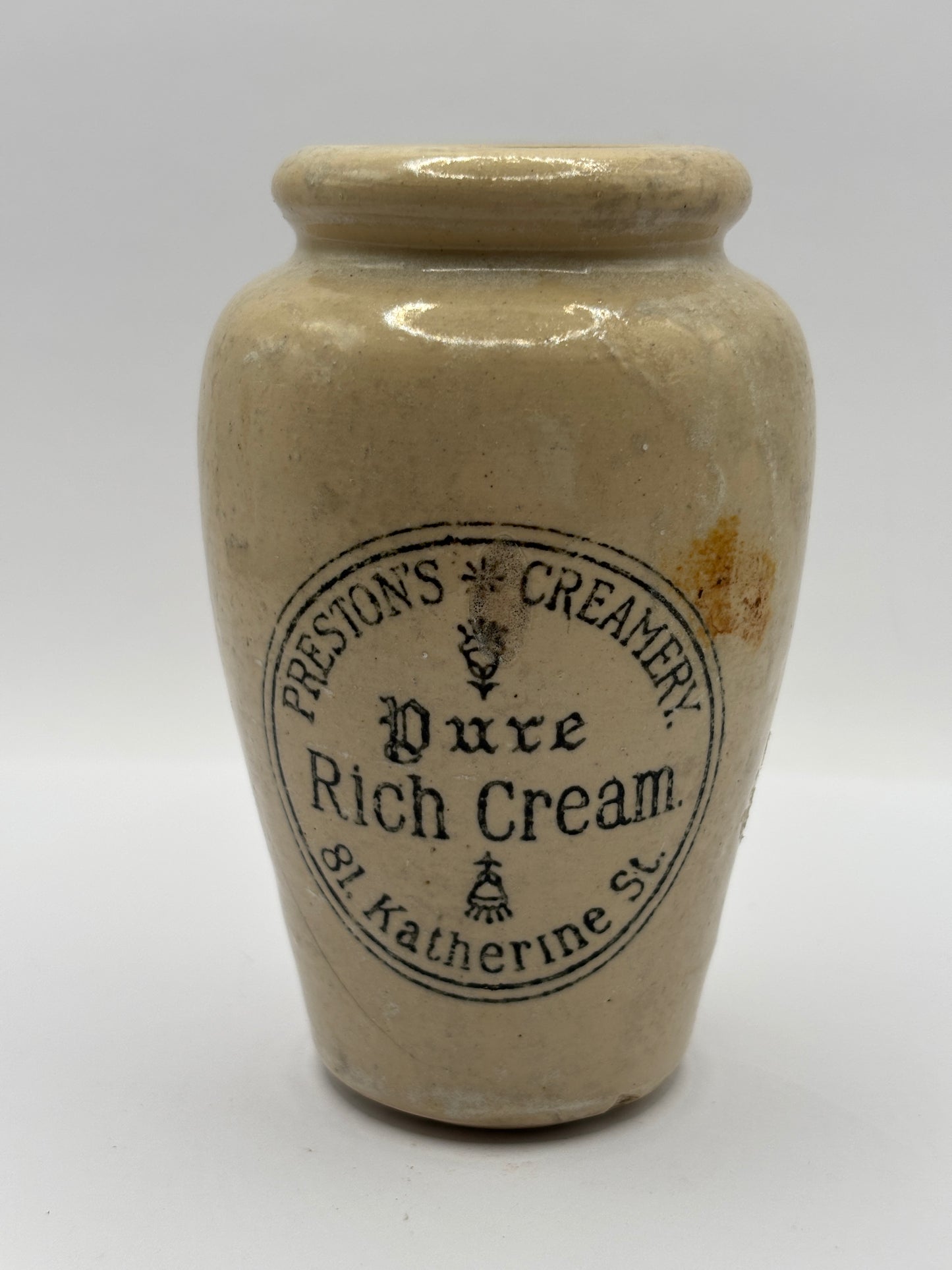 Old rare advertising cream pot, Prestons Creamery pure rich cream 9.5cms