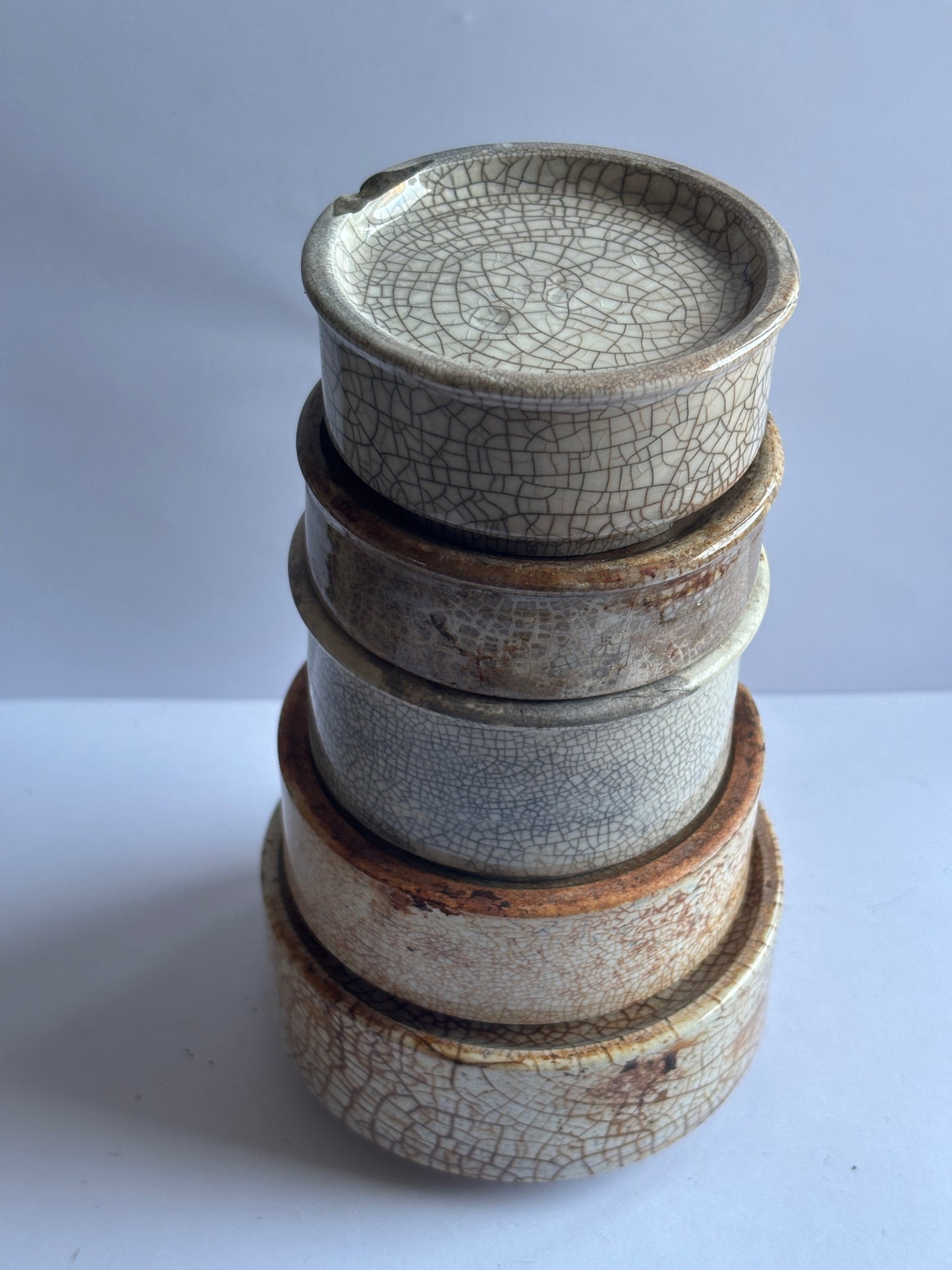5 old pot lid bases, stackers, risers