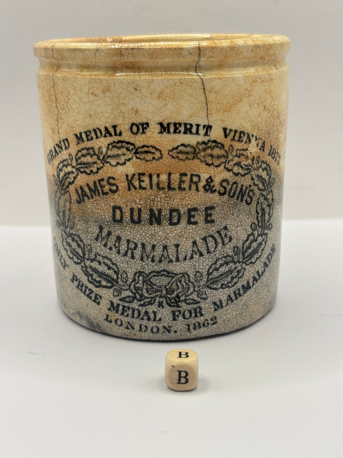 Old 1lb stoneware marmalade pot, James Keiller Dundee marmalade (B) hairlines