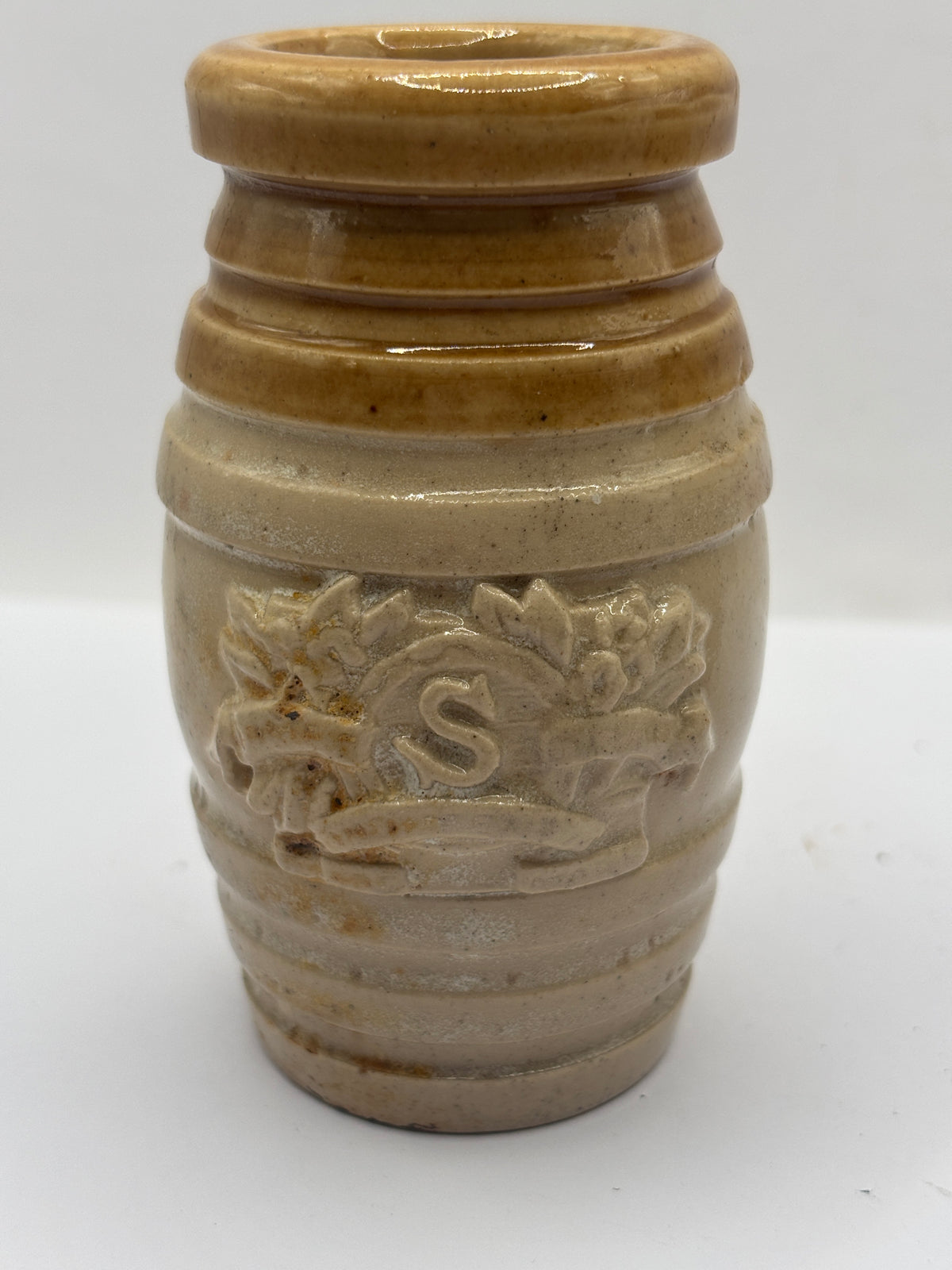 Old brown top stoneware senna jar