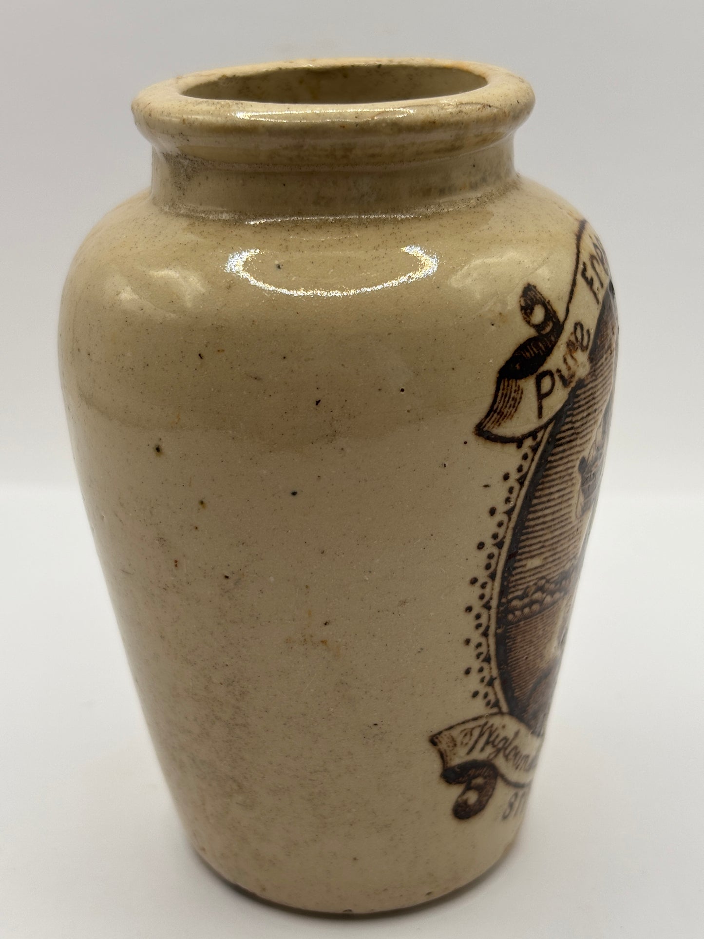 Old stoneware advertising cream pot, pure fresh cream Stranraer. Serpia print