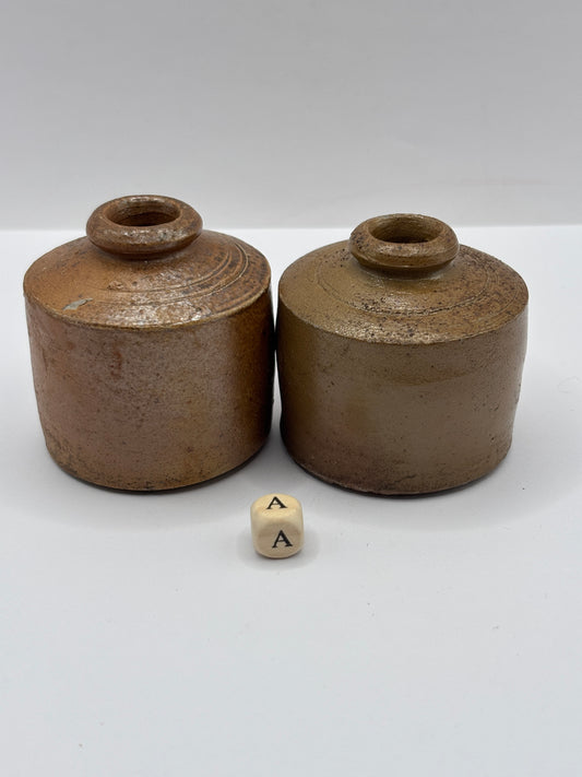 2 brown stoneware inkwells, ink bottles (A) pork pie inks