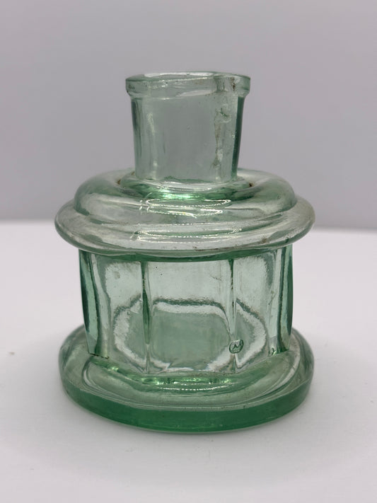 Old aqua glass ink bottle, inkwell