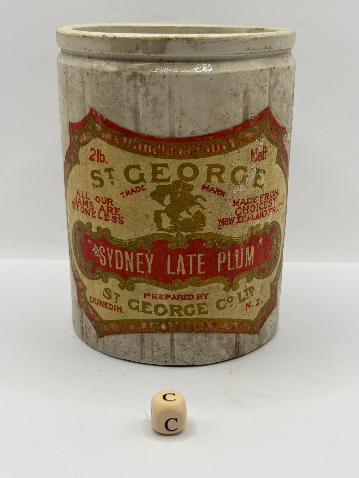 Old 1lb ribbed stoneware jam pot with added label (c)