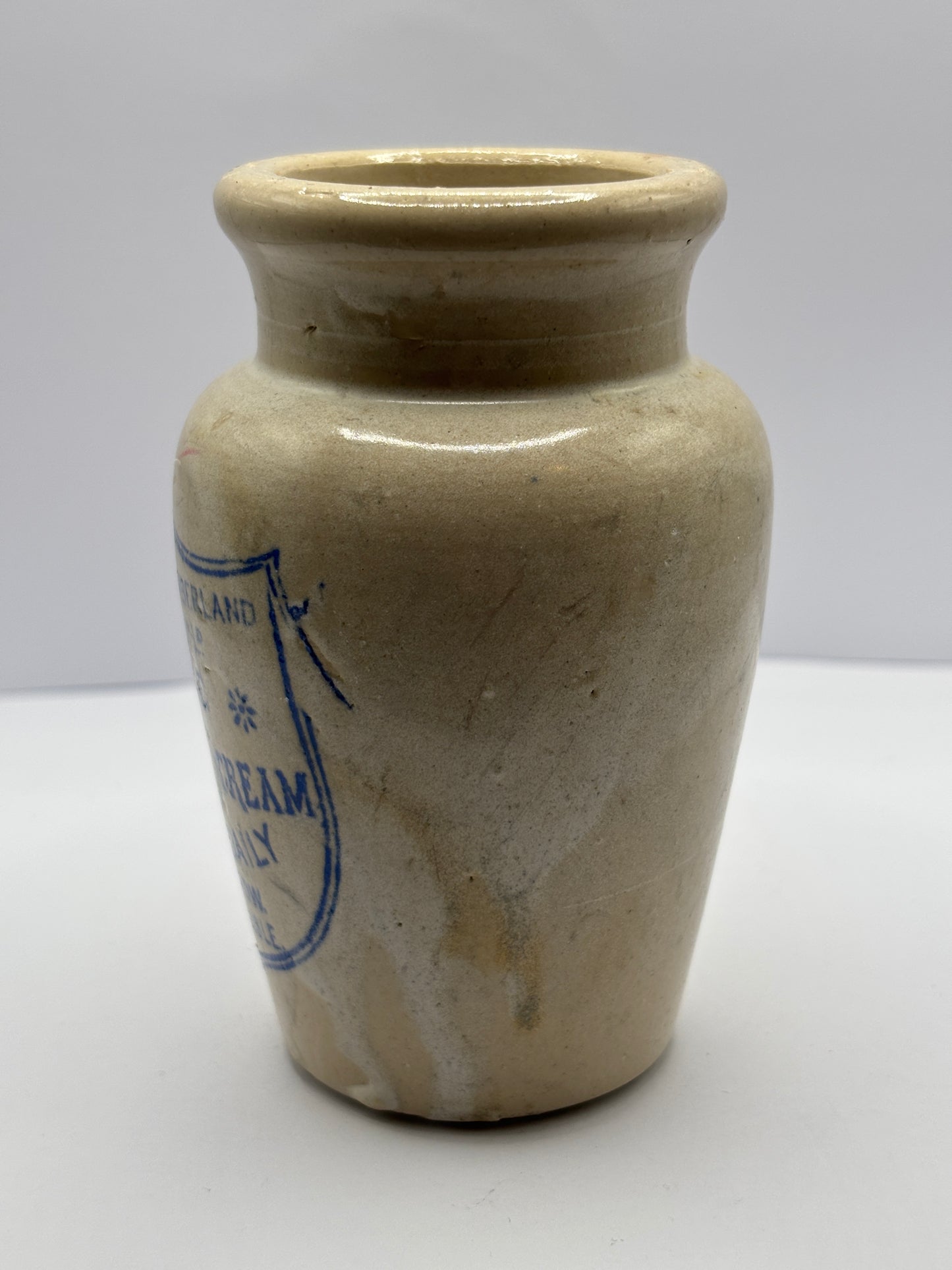 Old blue print advertising stoneware cream pot, Carricks cumberland dairy co, Pure thick cream