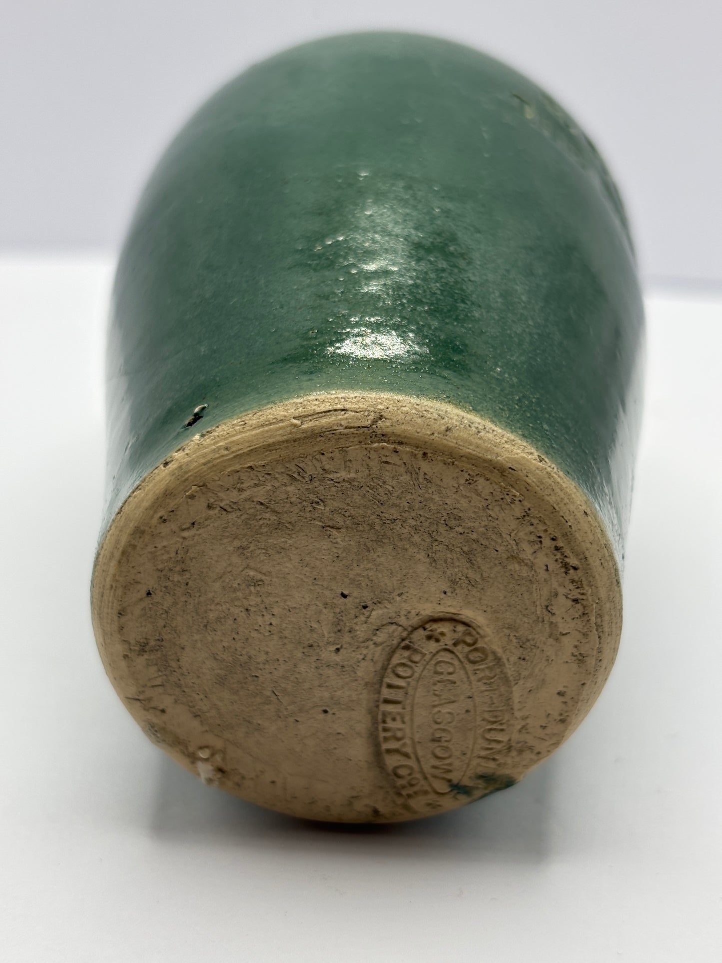 Old green stoneware cream pot. The Buxton creamery, R.B Morten & son