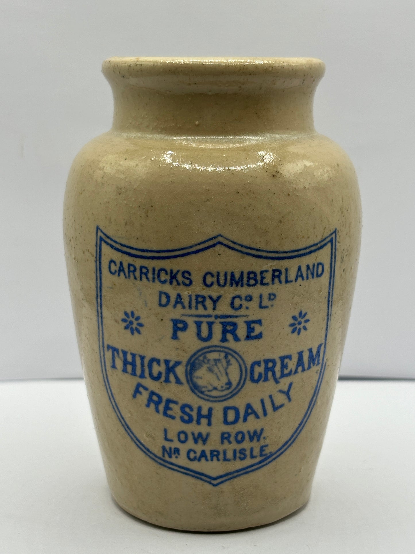 Carricks advertising cream pot, pure thick cream. Blue print