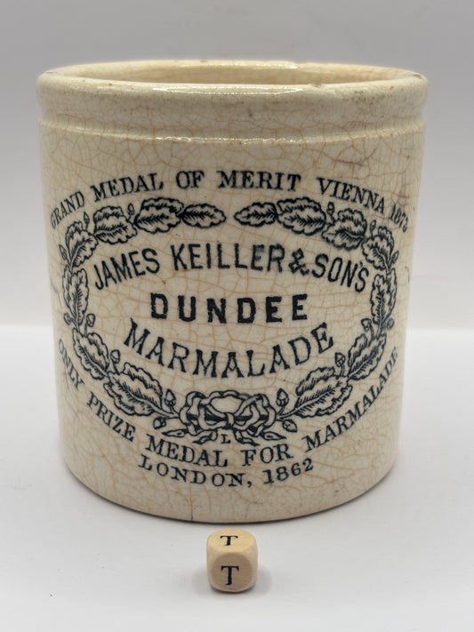 Old 1lb stoneware marmalade pot, James Keiller Dundee marmalade (T)