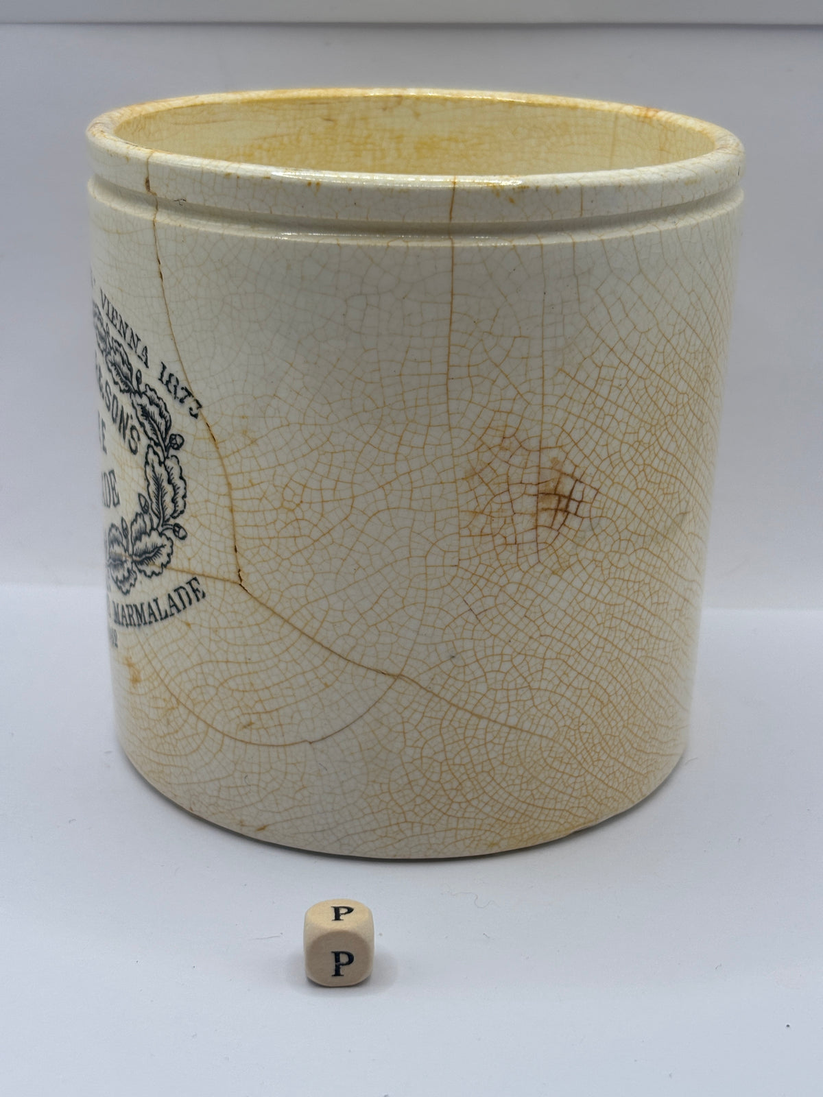 Old 2lb stoneware marmalade pot, James Keiller Dundee marmalade (P) damaged