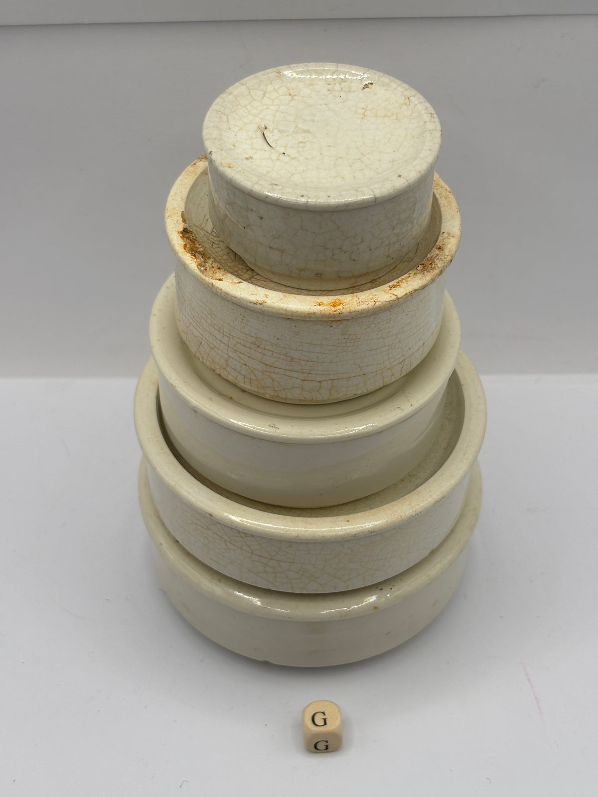 5 old stoneware pot lid bases, stackers (G)