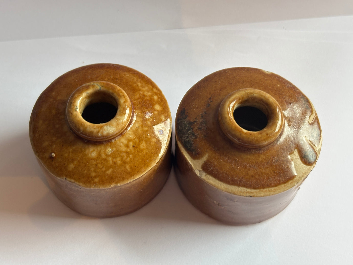 2 old brown stoneware inkwells, ink bottles. Pork pie inks