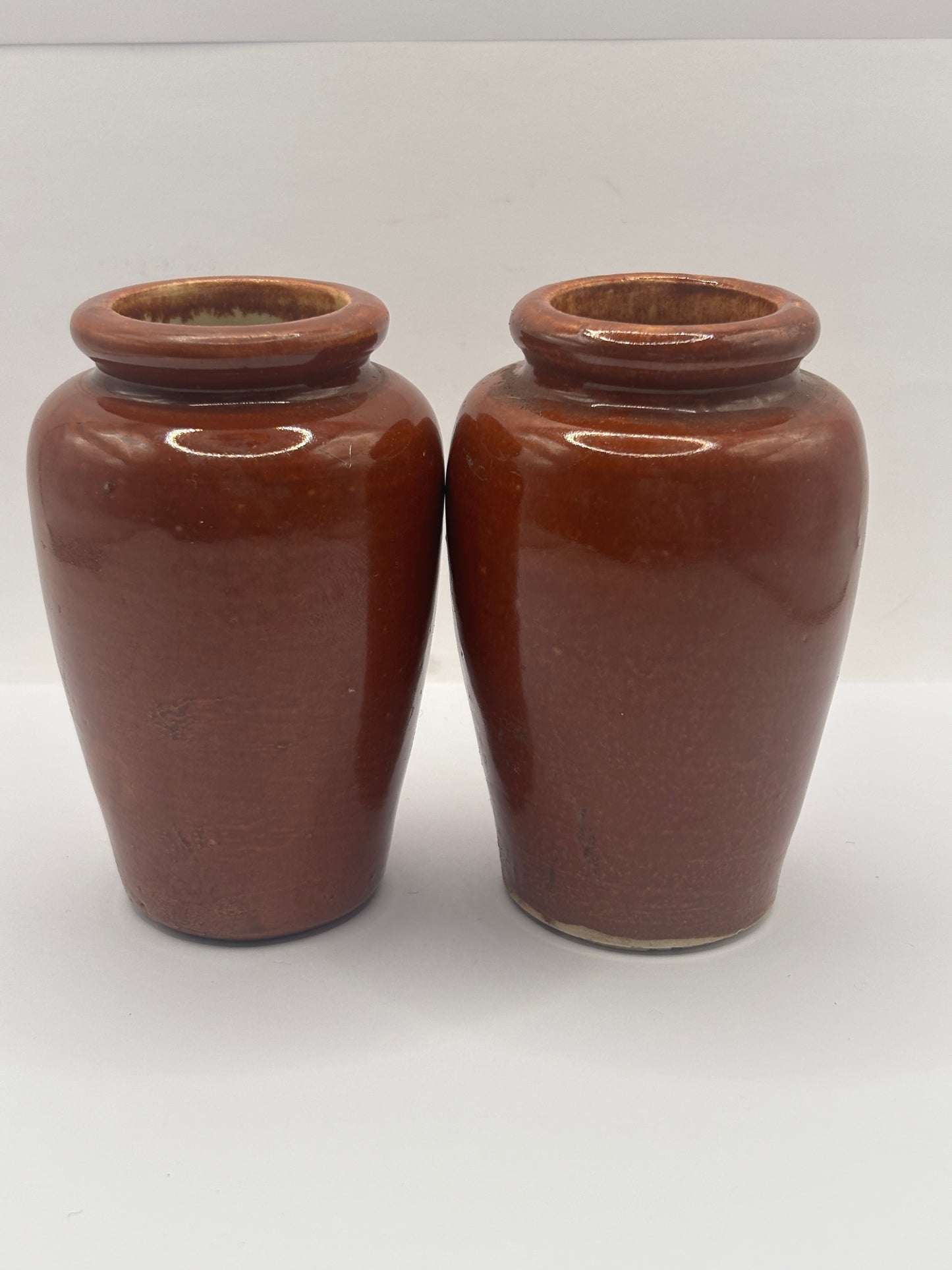 2 Old plain brown stoneware cream pots
