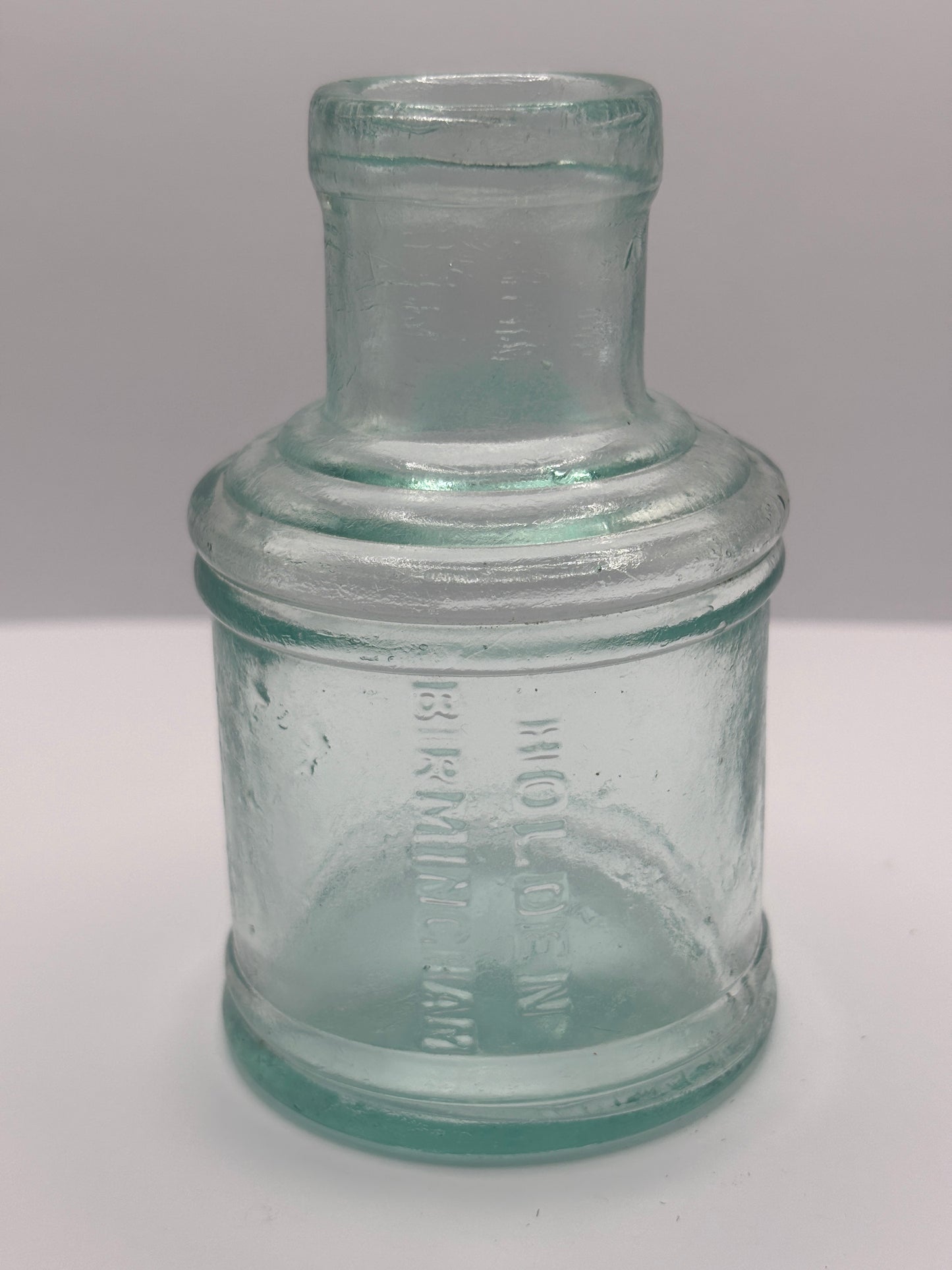 Old aqua glass advertising ink, ink bottle, inkwell. Holden Birmingham