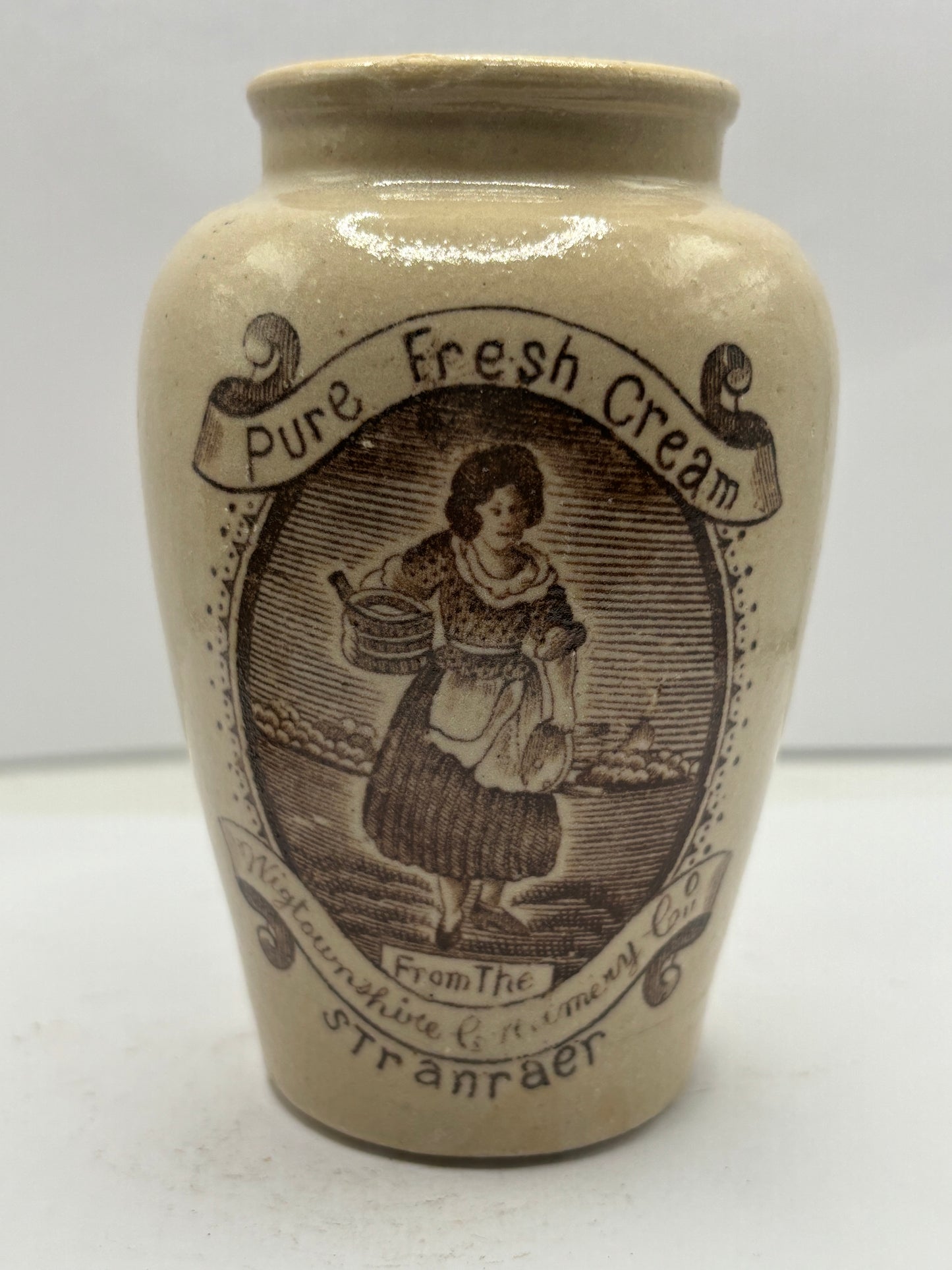 Stranraer pure fresh cream pot, milk maid. Serpia print